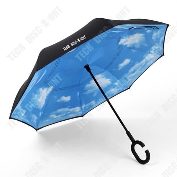 TD® Klart paraply rakt skaft Typ-C Dubbellager Hands-Free Paraply Sky Blue and White Cloud Inverted Paraply
