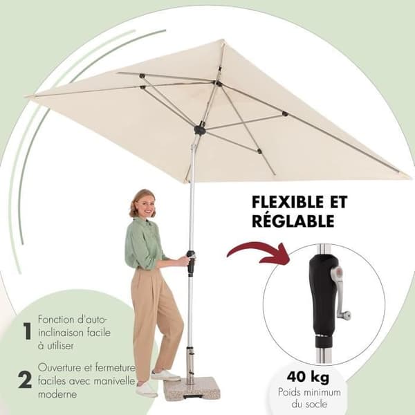 Rektangulär Doppler parasoll i aluminium med högkvalitativ vev för balkong eller terrass - 220 x 140 cm