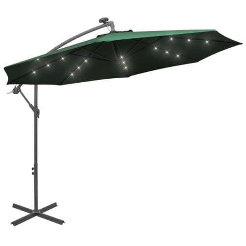 Hängande parasoll med LED-belysning 300 cm grön metallstång