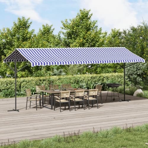 Fristående markis blå och vit 600x300 cm tyg och stål