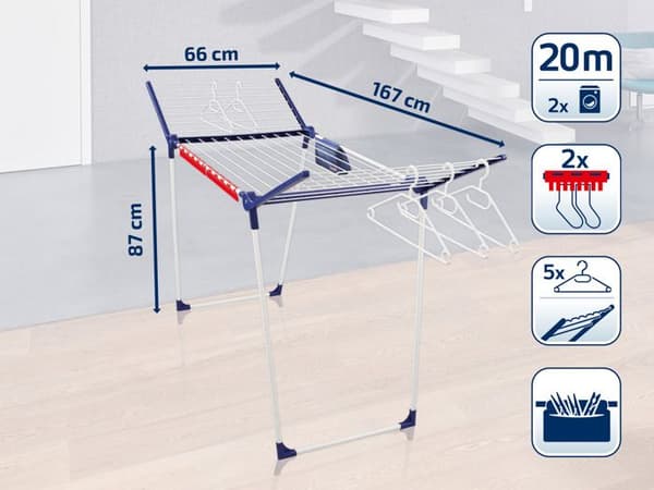 LEIFHEIT PEGASUS 200 mukava jalkojenkuivaaja - L 167 x S 66 x K 87 cm - 2 aaltolankaa