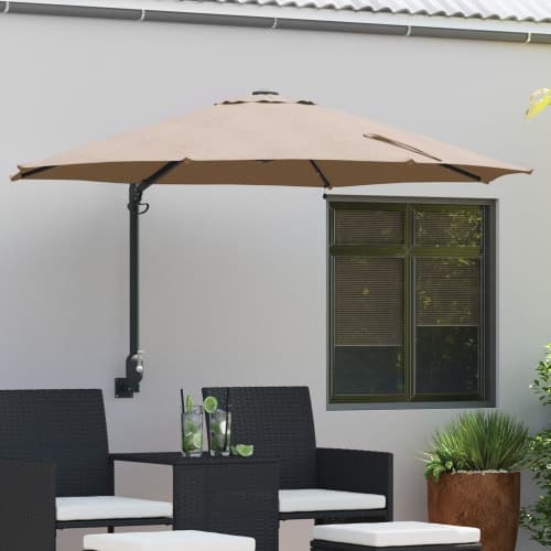 Väggmonterad Trädgårdsparasol med LED-lampor Taupe 248 cm