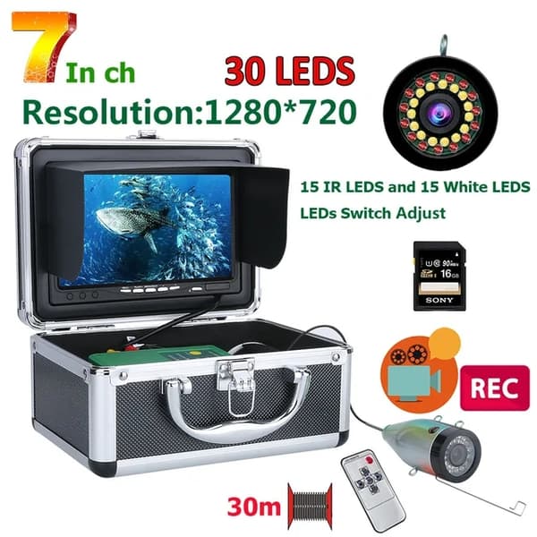 Vedenalainen kalalokero kamera, 7 tuuman HD-näyttö, 30 LED-valoa, 15M DVR 1080P