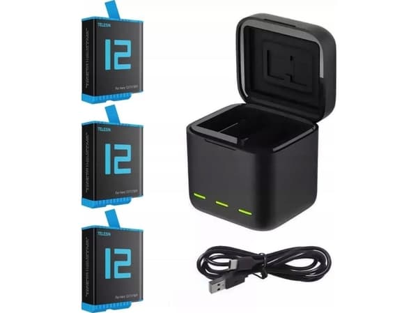 Telesin kameran latauslaite Usb-laturi + 3x ladattava akku Gopro Hero 9 10 11 12 musta / Gp-bnc-011-c