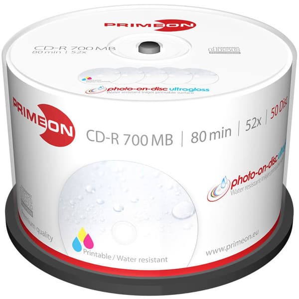 Primeon 2761109 CD-R 80 700 MB 50 st Spindel Skrivbar, Högglansig yta, Vattentät, Kladdfritt