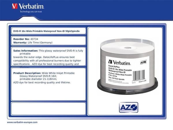 Verbatim DVD-R AZO 4,7 GB 16X SP GLANSET VANDTÆT - Rohling