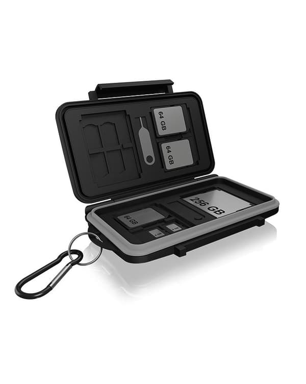ICY BOX SD-kortopbevaring til 28 hukommelseskort (8X SD, 16x Micro-SD, 4X CF), kliplås, etui med karabinhage, sort
