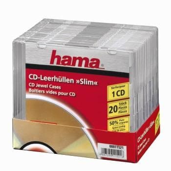 Hama CD-ROM Slim Box - Slim Jewel Case til opbevaring CD - Kapacitet: 1 CD - gennemsigtig (pakke med 20) (11521)