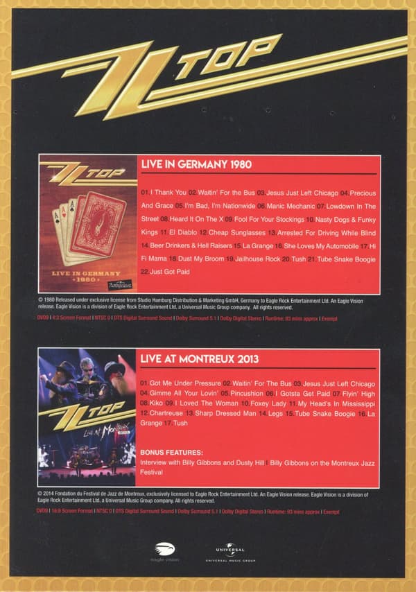 ZZ Top: Live in Germany 1980 + Montreux 2013 (2 DVD)