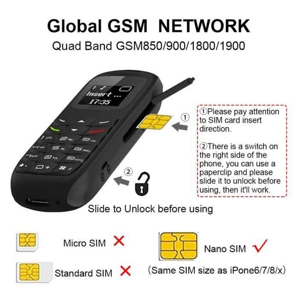 L8star Mini Mobiltelefon BM70 GSM Bluetooth Dialer Headset Hörlursstöd SIM-kort 0,66 tum (svart)