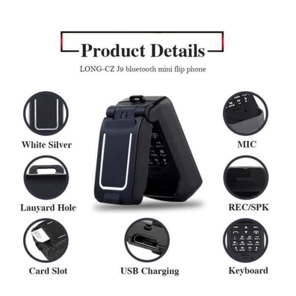 BD18707-Mini LONG-CZ J9 Flip Mobiltelefon 0,66 Minsta mobiltelefon Bluetooth Dialer FM Hands-Free Magic Voice(