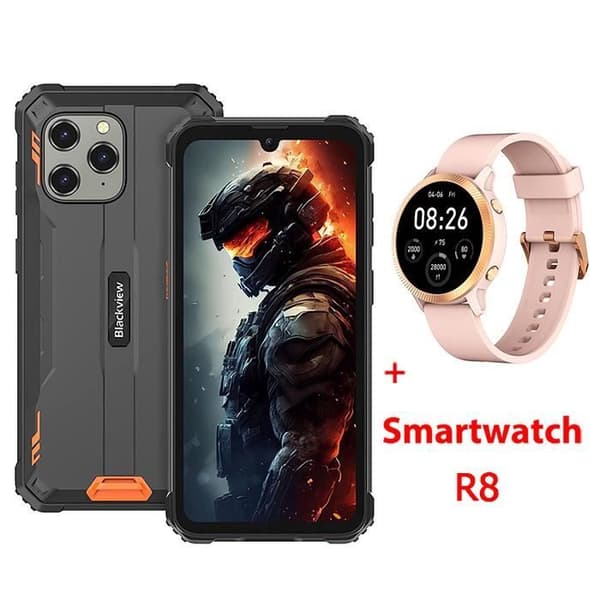 Blackview BV5300 Unbreakable 4G Mobiltelefon 6,1" 7GB+32GB 5MP+13MP 5180mAh Dual SIM Orange med Blackview R8 Smartwatch (Rosa) Svart, Orange