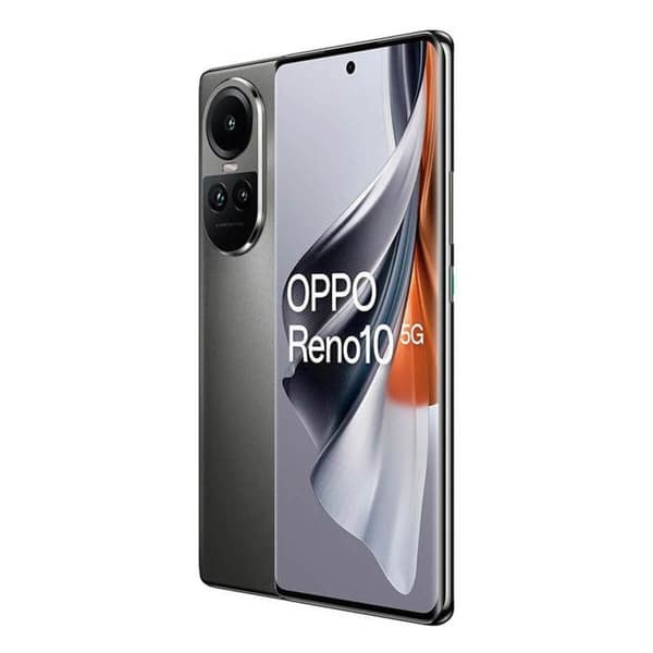 OPPO Reno10 5G smartphone i silvergrå färg med 6,7" AMOLED 120 Hz Full HD+-skärm, 1080 x 2412 pixlar, 8 GB DDR4 + 256 RAM