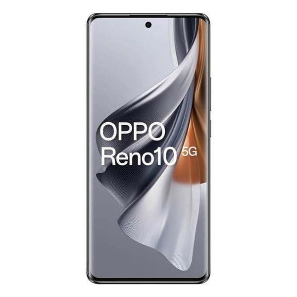 OPPO Reno10 5G smartphone i silvergrå färg med 6,7" AMOLED 120 Hz Full HD+-skärm, 1080 x 2412 pixlar, 8 GB DDR4 + 256 RAM