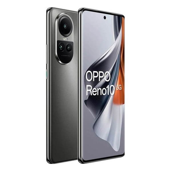 OPPO Reno10 5G smartphone i silvergrå färg med 6,7" AMOLED 120 Hz Full HD+-skärm, 1080 x 2412 pixlar, 8 GB DDR4 + 256 RAM