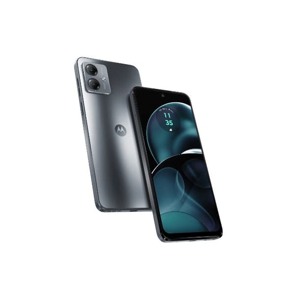 Motorola Moto G14 smartphone i stålgrå färg med 6,5" Full HD+-skärm, 1080 x 2400 pixlar, 4 GB DDR4 RAM + 128 GB UFS