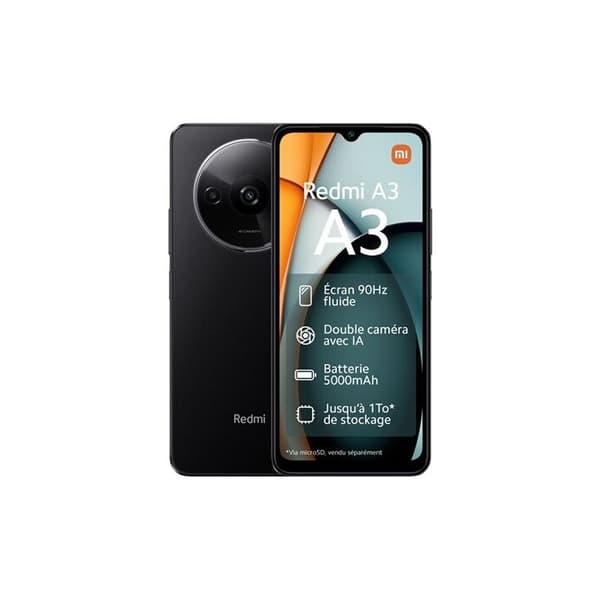 Smartphone - XIAOMI - Redmi A3 - 64GB - Svart - Dubbel SIM - Fingeravtrycksläsare Svart