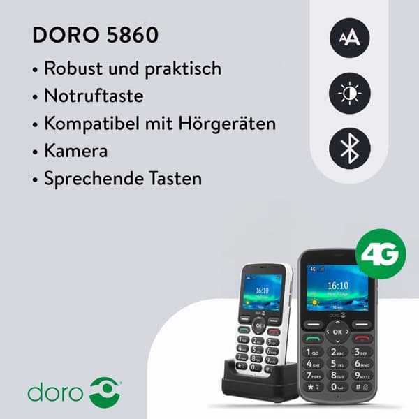doro 5860 Mobiltelefon för seniorer med laddstation svart/vit