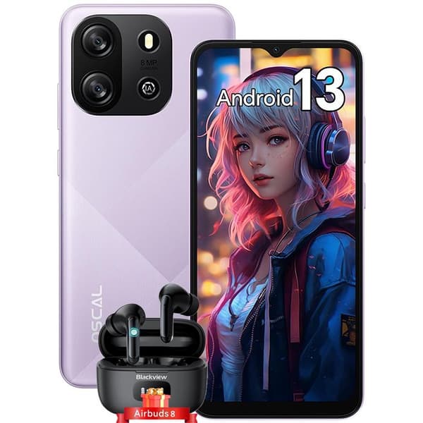 Oscal FLAT 1C Billig Mobiltelefon 6,5 tum 4GB+32GB 4700mAh Android 13 Lila med Blackview Airbuds 8