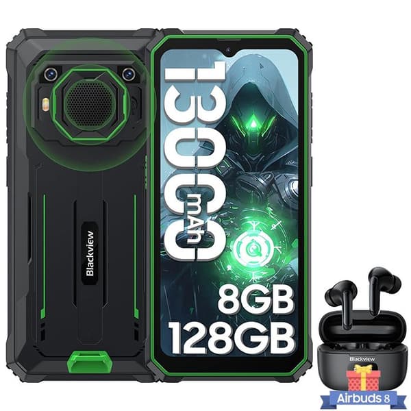 Blackview BV6200 Pro Unbreakable Mobiltelefon 6,56" Android 13 13000mAh 128GB 13MP Grön med Airbuds 8 Bluetooth-hörlurar (svart) Svart, Grön