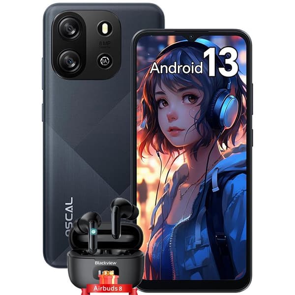 Oscal FLAT 1C Billig Mobiltelefon 6,5 tum 4GB+32GB 4700mAh Android 13 Svart med Blackview Airbuds 8