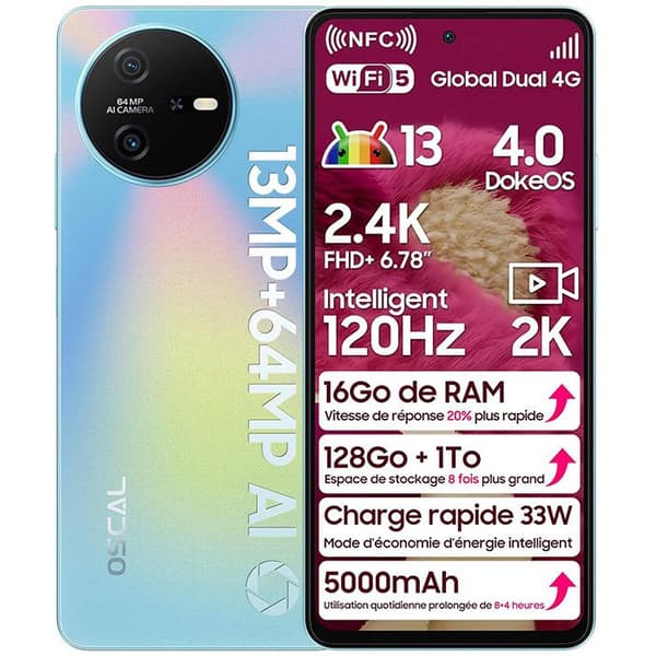 Oscal Tiger 12 olåst mobiltelefon 6,78 tum 16GB+128GB-SD 1TB 64MP Kamera 5000mAh Android 13 NFC Dual SIM GPS - Blå