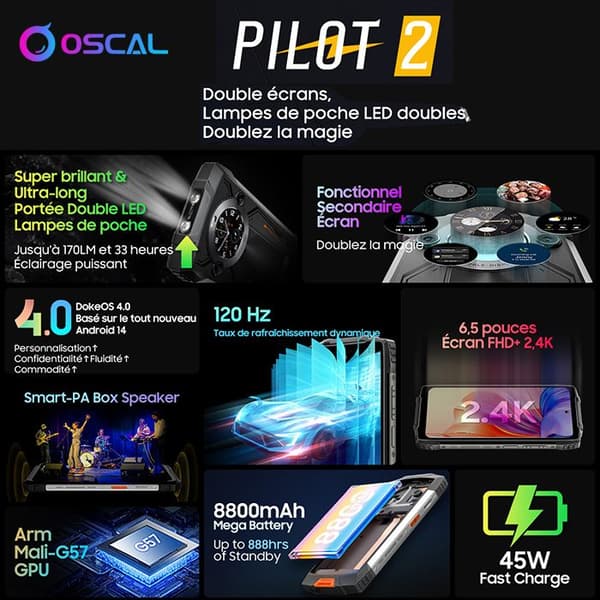 OSCAL PILOT 2 Unbreakable Smartphone 6,5" Dual Screen (8+16)GB+256GB 50MP+32MP 8800mAh Grön med Blackview Airbuds 8