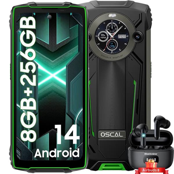 OSCAL PILOT 2 Unbreakable Smartphone 6,5" Dual Screen (8+16)GB+256GB 50MP+32MP 8800mAh Grön med Blackview Airbuds 8