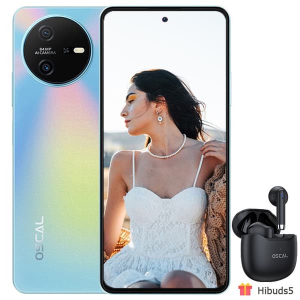 Oscal Tiger 12 olåst mobiltelefon 6,78" 16GB+128GB 64MP 5000mAh Android 13 Blue med HiBuds 5 Bluetooth-hörlurar (svart)