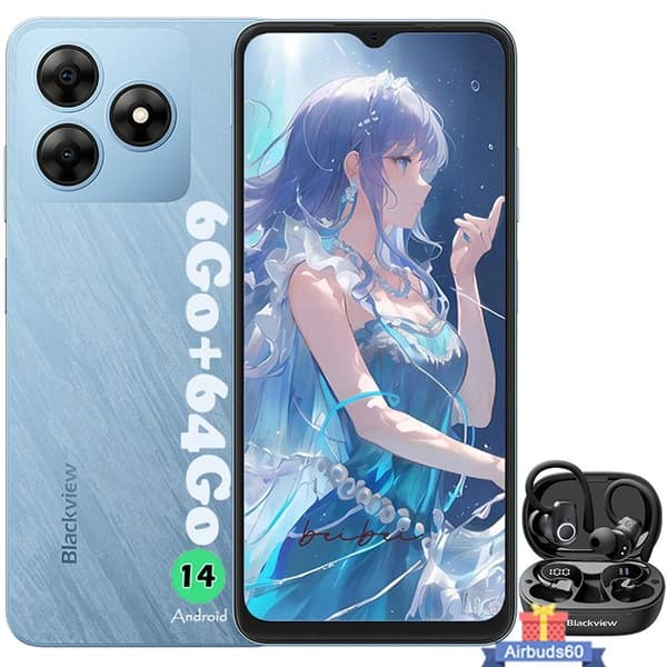 Blackview WAVE 8C Billig Smartphone 6,56" 6GB+64GB 13MP+8MP 4700mAh Dual SIM Blue med Blackview AirBuds 60