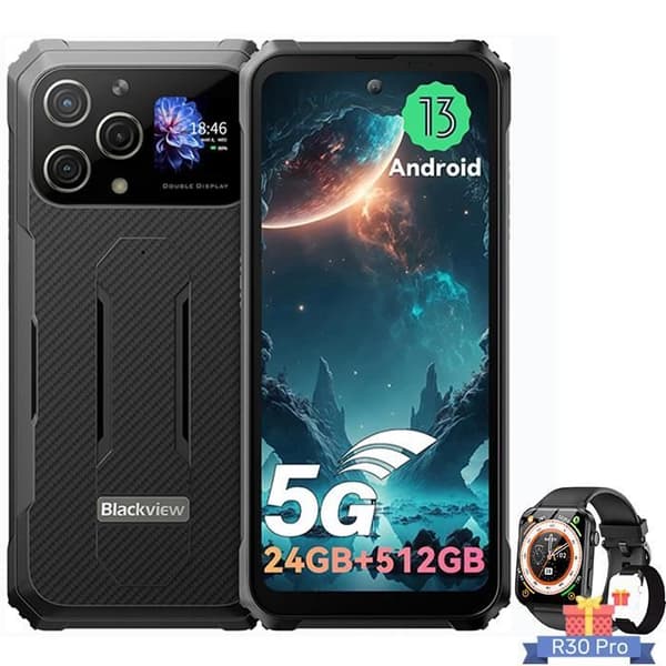 Blackview BL8000 Unbreakable 5G Smartphone 24GB+512GB 6,78" 8800mAh 50MP Android 13 Black med R30 Pro Connected Watch