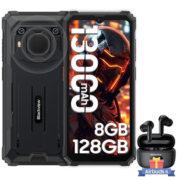 Blackview BV6200 Pro Unbreakable Mobiltelefon 6,56" Android 13 13000mAh 128GB 13MP Svart med Airbuds 8 Bluetooth-hörlurar (svart) Svart