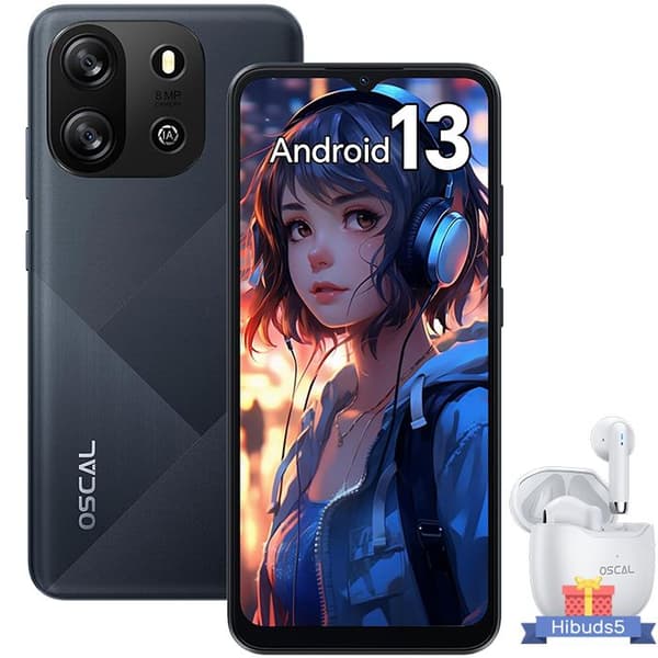 Billig Mobiltelefon Oscal FLAT 1C 6,5 tum 4GB+32GB 4700mAh Android 13 Svart med Bluetooth-hörlurar HiBuds 5(Vit)