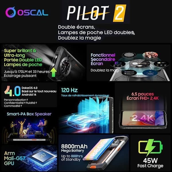 OSCAL PILOT 2 Unbreakable Mobiltelefon 6,5" Dual Screen 120Hz (8+16)GB+256GB 50MP+32MP 8800mAh NFC,GPS,Face ID - Orange