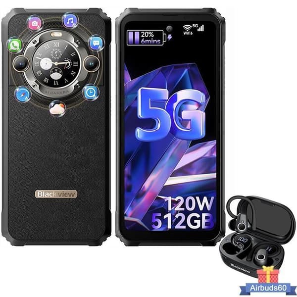 Blackview BL9000 Unbreakable 5G Smartphone Dual Screen 24GB+512GB 6,78" 50MP Android 13 Svart med Airbuds 60 Bluetooth-hörlurar