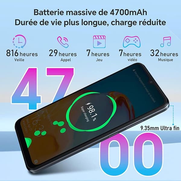 Oscal FLAT 1C Billig Mobiltelefon 6,5 tum 4GB+32GB 4700mAh Android 13 Blå med Blackview Airbuds 8
