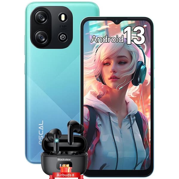 Oscal FLAT 1C Billig Mobiltelefon 6,5 tum 4GB+32GB 4700mAh Android 13 Blå med Blackview Airbuds 8