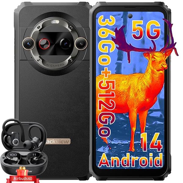 Blackview BL9000 Pro Unbreakable Smartphone 5G 512GB 6,78" Dubbelskärm 50MP Android 14 Svart med Airbuds 60 Bluetooth-hörlurar