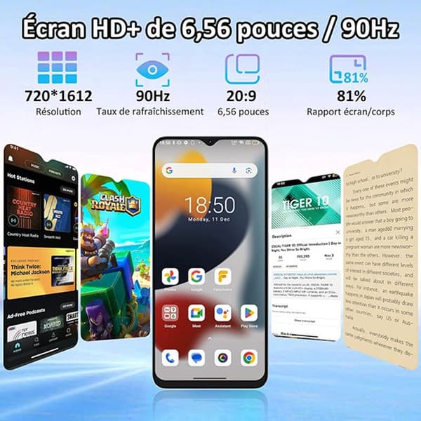 Oscal Tiger 10 olåst mobiltelefon 6,56" 16GB+256GB 50MP Android 13 Grå med HiBuds 5 Bluetooth-hörlurar (Vit)