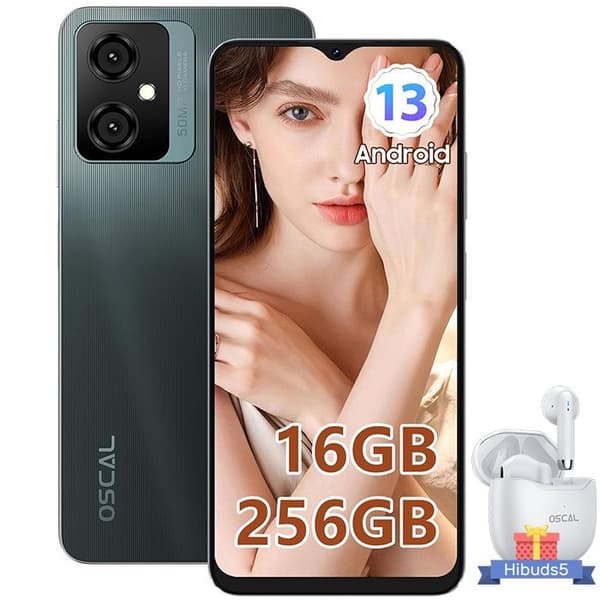 Oscal Tiger 10 olåst mobiltelefon 6,56" 16GB+256GB 50MP Android 13 Grå med HiBuds 5 Bluetooth-hörlurar (Vit)