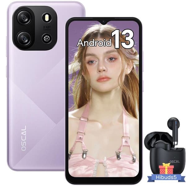 Billig mobiltelefon Oscal FLAT 1C 6,5 tum 4GB+32GB 4700mAh Android 13 Lila med HiBuds 5 Bluetooth-hörlurar (svart)