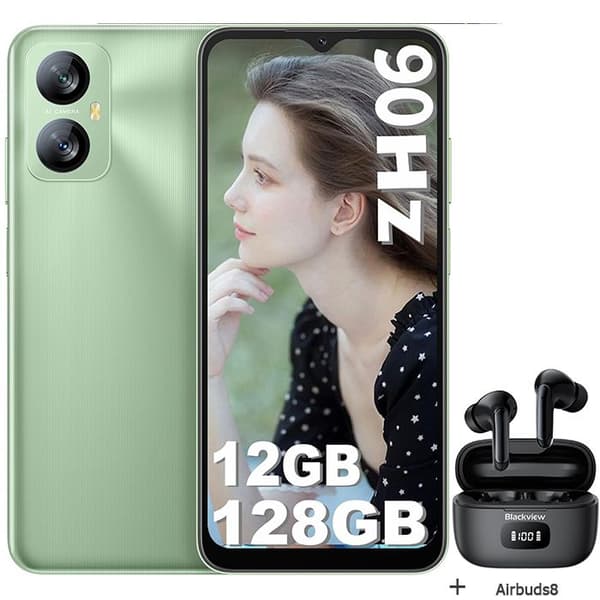 Olåst mobiltelefon Blackview A52 Pro 12GB+128GB 6,52" 5180mAh Android 13 Grön med Airbuds8 Bluetooth-hörlurar (svart)