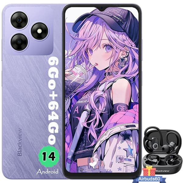 Blackview WAVE 8C Billig Smartphone 6,56" 6GB+64GB 13MP+8MP 4700mAh Dual SIM Lila med Blackview AirBuds 60