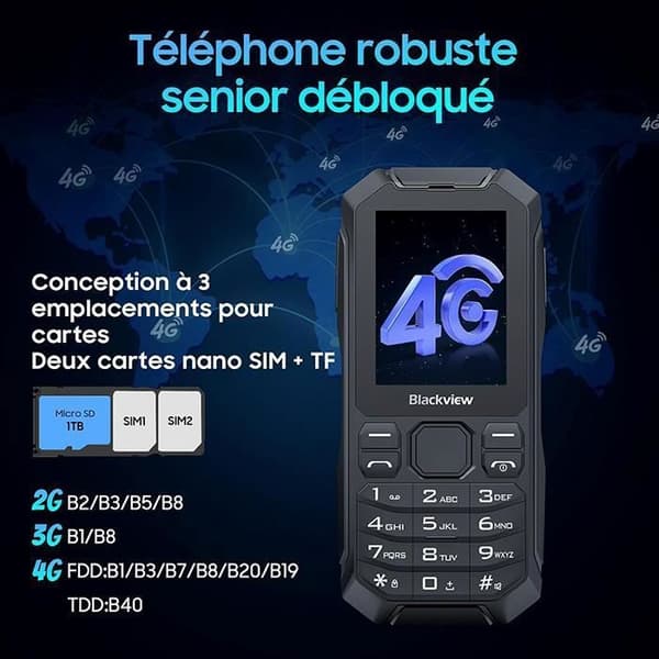 Blackview N1000 Mobiltelefon för seniorer, 2,4" skärm 4 GB ROM 3300mAh | Dual SIM 4G | GPS | Lampa|Smart KaiOS - Svart