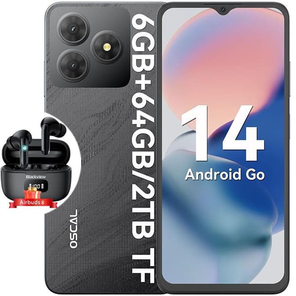 Oscal FLAT 2C Mobiltelefon 6,56" 64GB 5000mAh Android 14 Dual SIM Black med Blackview Airbuds 8