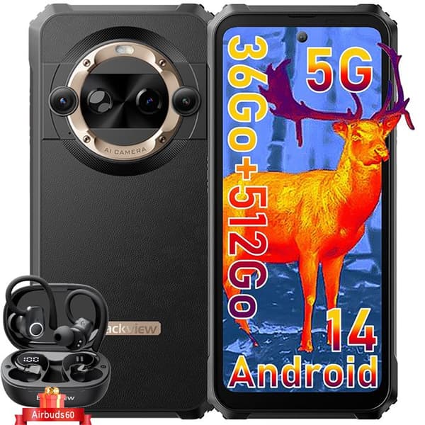 Blackview BL9000 Pro Unbreakable Smartphone 5G 512GB 6,78" Dual Screen Android 14 Gold med Airbuds 60 Bluetooth-hörlurar