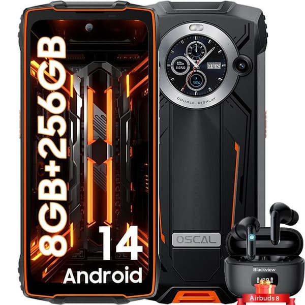 OSCAL PILOT 2 Unbreakable Smartphone 6,5" Dual Screen (8+16)GB+256GB 50MP+32MP 8800mAh Orange med Blackview Airbuds 8
