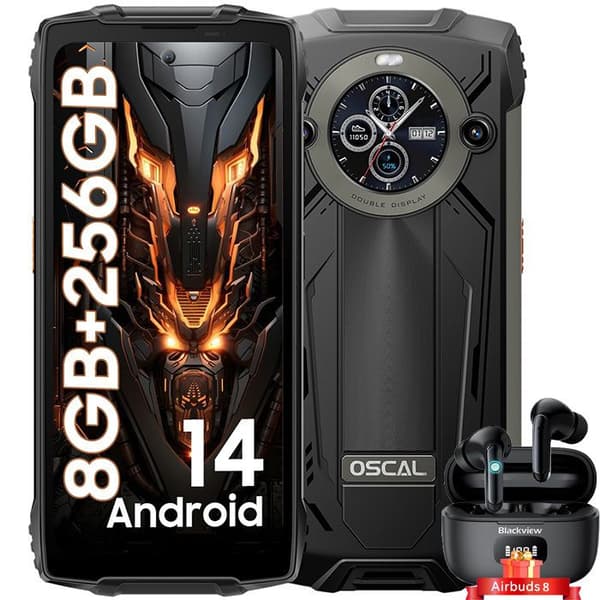 OSCAL PILOT 2 Unbreakable Smartphone 6,5" Dual Screen (8+16)GB+256GB 50MP+32MP 8800mAh Svart med Blackview Airbuds 8