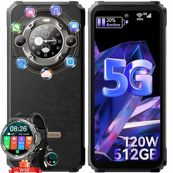 Blackview BL9000 Unbreakable Smartphone 5G Dual Screen 24GB+512GB 6,78" 50MP Android 13 Svart med W50 Smartwatch (svart)