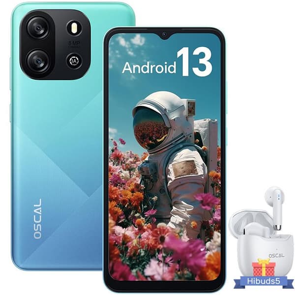 Billig mobiltelefon Oscal FLAT 1C 6,5 tum 4GB+32GB 4700mAh Android 13 Blå med HiBuds 5 Bluetooth-hörlurar(Vit)